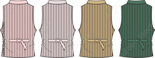 Vector illustration set of men's classic pinstripe formal wear vests. Back view fashion flat sketch template in multiple colorways for apparel design and tailoring