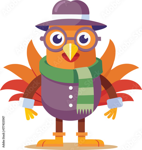 A charming cartoon bird character dressed in a hat scarf and glasses ready for a cool day Art & Illustration