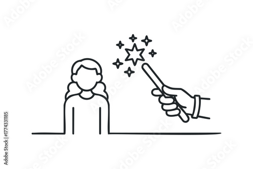 Person with magic wand creating sparkles line art