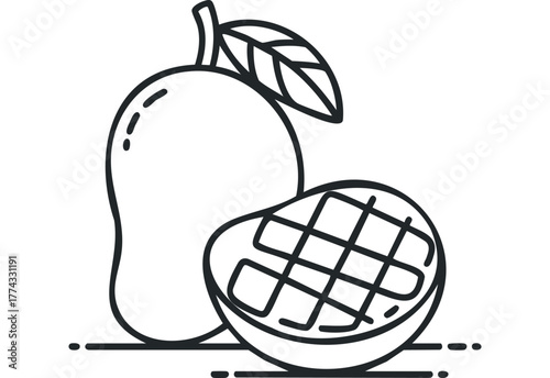 Outline icon of whole and halved mango with leaf