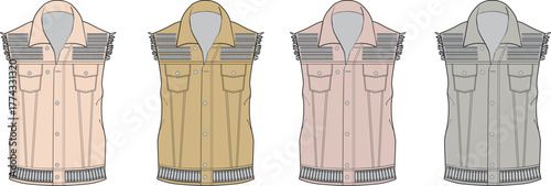 Customizable sleeveless vest fashion design template set. Technical flat sketch of a modern gilet with color variations for apparel concepts