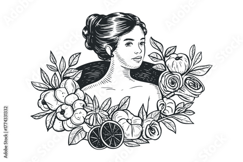 Woman With Hair Bun Surrounded by Fruit and Flowers