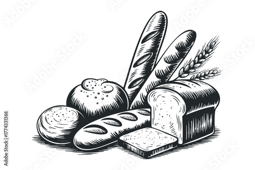 Black and white woodcut style assortment of bakery goods