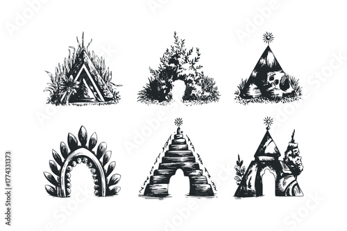 Six stylized abstract entrances in sketch style