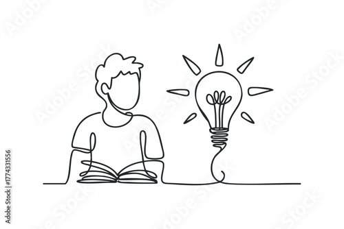 Person reading book with lightbulb representing idea