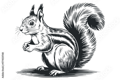 Detailed etching of a squirrel holding food with a textured tail