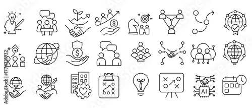Business Partnership and Collaboration Stroke Icon Set. Containing teamwork, communication, global connection, support, and strategy icons.