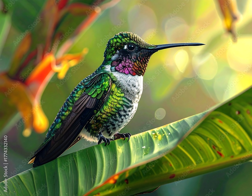 Fototapeta premium A vibrant hummingbird rests on a broad green leaf in sun-dappled tropical flora