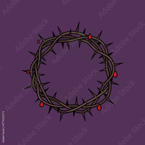 Crown of thorns cartoon drawing. Christian symbol of the passion of Jesus Christ. Religious graphic with blood drops for Easter and Good Friday.