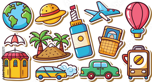 Vibrant cartoon collection of travel and vacation icons featuring the earth sunscreen and transportation modes Art & Illustration
