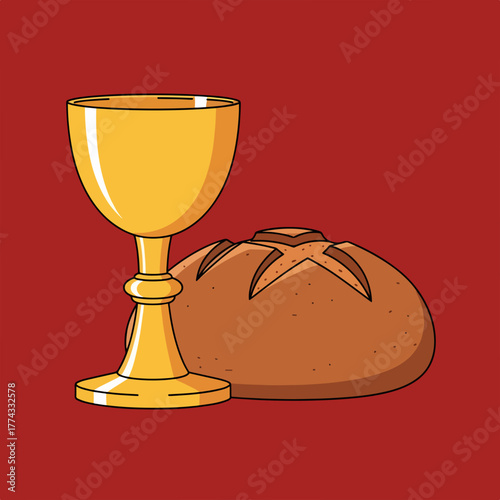 Holy communion symbols of bread and wine. A golden chalice and loaf representing the Eucharist. Christian religious graphic