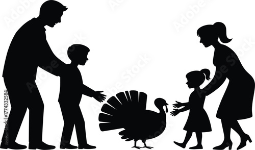 Family and Turkey Silhouette Vector - Thanksgiving Holiday Celebration Icon