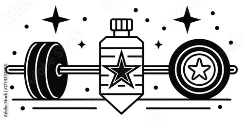 Fitness barbell and energy drink with stars and sparkles for a healthy active lifestyle