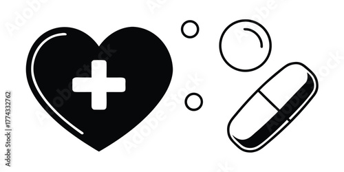 Vector illustration of essential health and medical care symbols, featuring a heart with a plus sign and an assortment of medication pills and tablets, representing wellness concepts