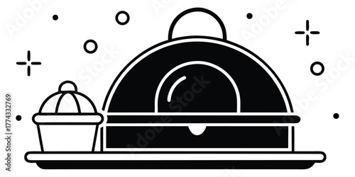 Food covered by a dome lid and a small pastry on a tray with decorative sparkles