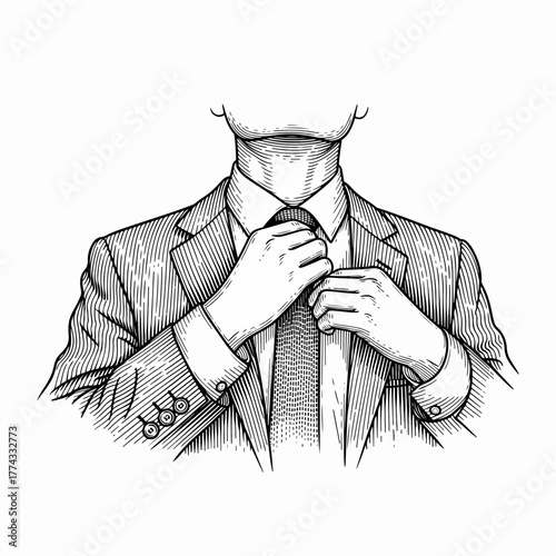 A man in a suit adjusting his tie. Vintage engraving style line art. Professional business and menswear concept graphic