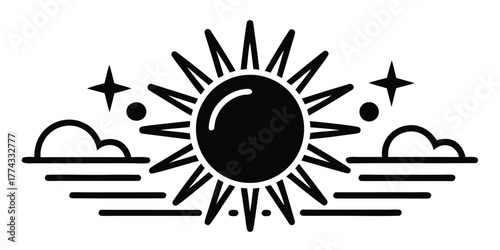 Stylized sun icon, radiating bright rays, accompanied by tranquil clouds and sparkling stars, symbolizing hope and fresh starts