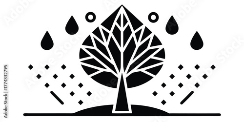 Abstract geometric tree with rain drops and soil illustration representing nature and growth