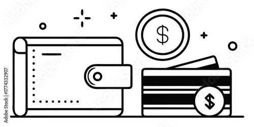 Modern financial management concept featuring a wallet, credit cards, and dollar coins. Illustrating diverse payment methods and secure banking transactions