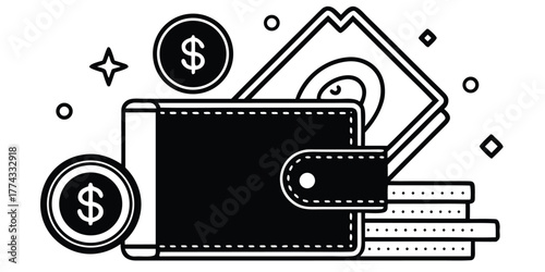 Wallet Icon with Coins and Dollar Bills Finance, Savings, and Financial Transactions