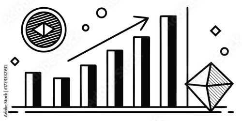 Minimalist vector illustration depicting business growth, data analysis, and strategic vision with a rising bar chart and symbolic eye icon