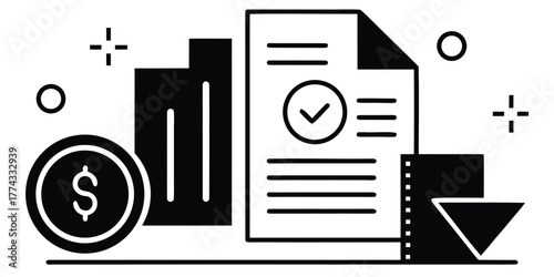Flat minimal vector illustration showing financial insights, market analysis, business document approval, and economic trend indicators for corporate strategy