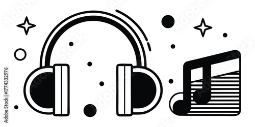 Flat vector illustration of headphones and a musical note, with stars and dots, depicting sound, music, and audio entertainment