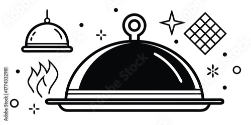 Modern flat line art illustration featuring a classic food cloche and plate, enhanced with abstract culinary symbols and festive sparks