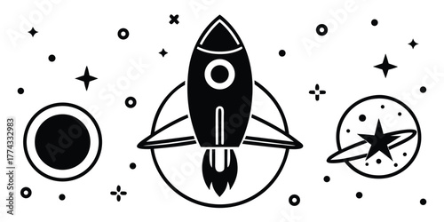 Minimalist black and white vector illustration of a rocket ship launching into a galaxy with planets and stars