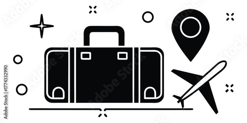 Travel Essentials Suitcase, Airplane, and Location Pin, Flat Minimal Vector Illustration