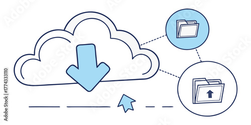 Flat vector illustration depicting seamless cloud data synchronization and secure digital file storage
