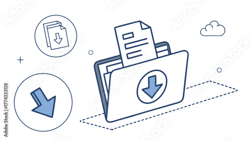 Flat minimal vector illustration of downloading files and documents into a folder