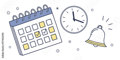 Flat vector illustration of a calendar with checkmarks, a clock, and a bell, representing time management and reminders