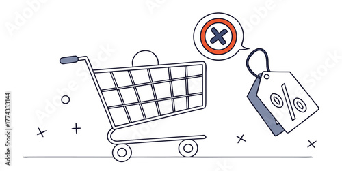 Minimalist doodle of an online shopping error, with a shopping cart and a rejected discount coupon or promo code