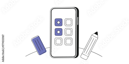 A flat vector illustration depicting the creative process of mobile app interface design with a smartphone, pencil, and eraser