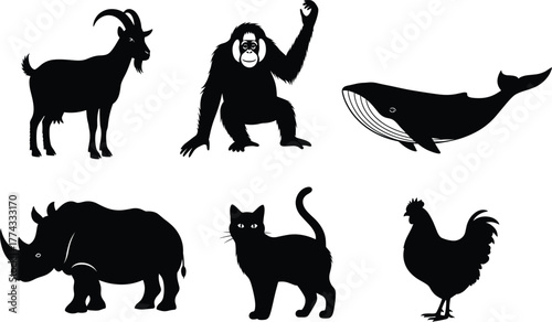 Animal silhouette set, black vector icons of goat, chimpanzee, whale, rhinoceros, cat, and chicken for nature and farm themes