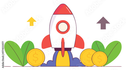 Rocket Launching to Success Minimalist Vector Illustration with Arrows