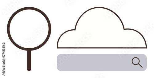 Magnifying glass, cloud shape, and search bar representing data search, online access, and cloud storage. Ideal for technology, innovation, research, browsing navigation digital tools minimalism