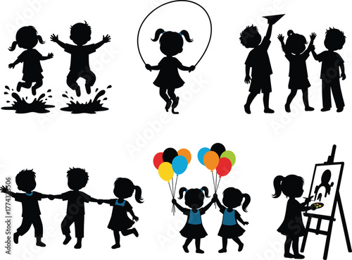 Children activity silhouette set, black vector icons of kids painting, skipping rope, splashing, dancing, balloon play, and creative fun
