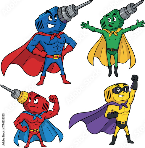 Four cartoon superhero drills with capes and masks in different colors