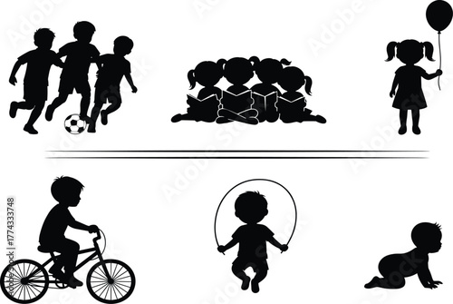 Children activity silhouette set, black vector icons of kids playing soccer, reading, cycling, jumping rope, crawling, and celebrating
