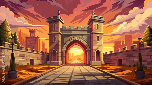 Vector of a historical city gate, stone archway, cobblestone road, cloudy sky, warm nostalgic tones, realistic vintage setting