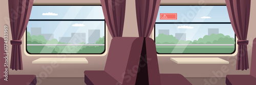 Passenger Train Cabin with Scenic Urban View. Train seat. Public city transportation. Window seat.