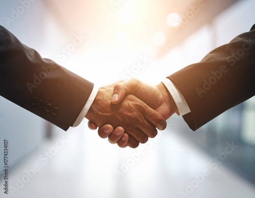 Successful business partners shaking hands to finalize a corporate agreement, symbolizing trust, cooperation, and a newly sealed deal