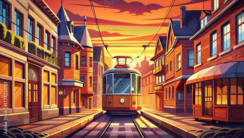 Realistic vector of a tram moving through old European street, brick houses, warm sunset glow, nostalgic vintage city feeling