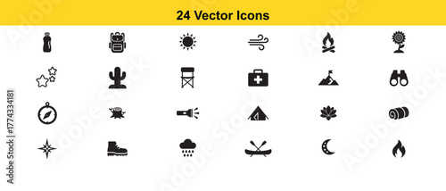 Collection of twenty four simple black vector icons on white background