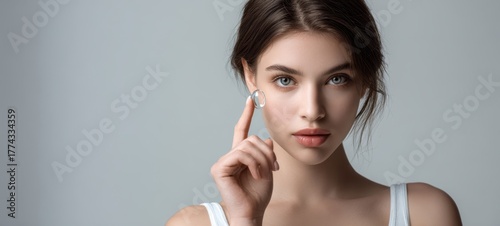 The woman holding a contact lens near her eye looking at camera