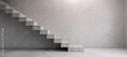 The Concrete Staircase Rising Along a Minimal Grey Wall in Empty Interior