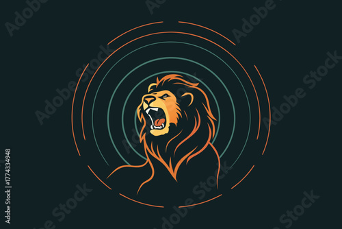Lion roaring in circle frame