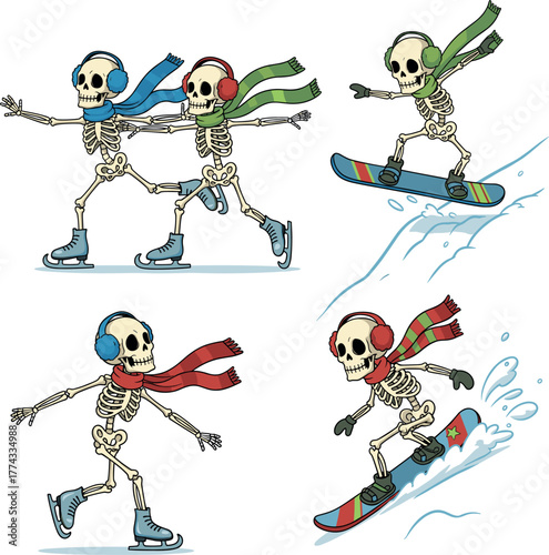 Four skeletons enjoying winter sports like ice skating and snowboarding